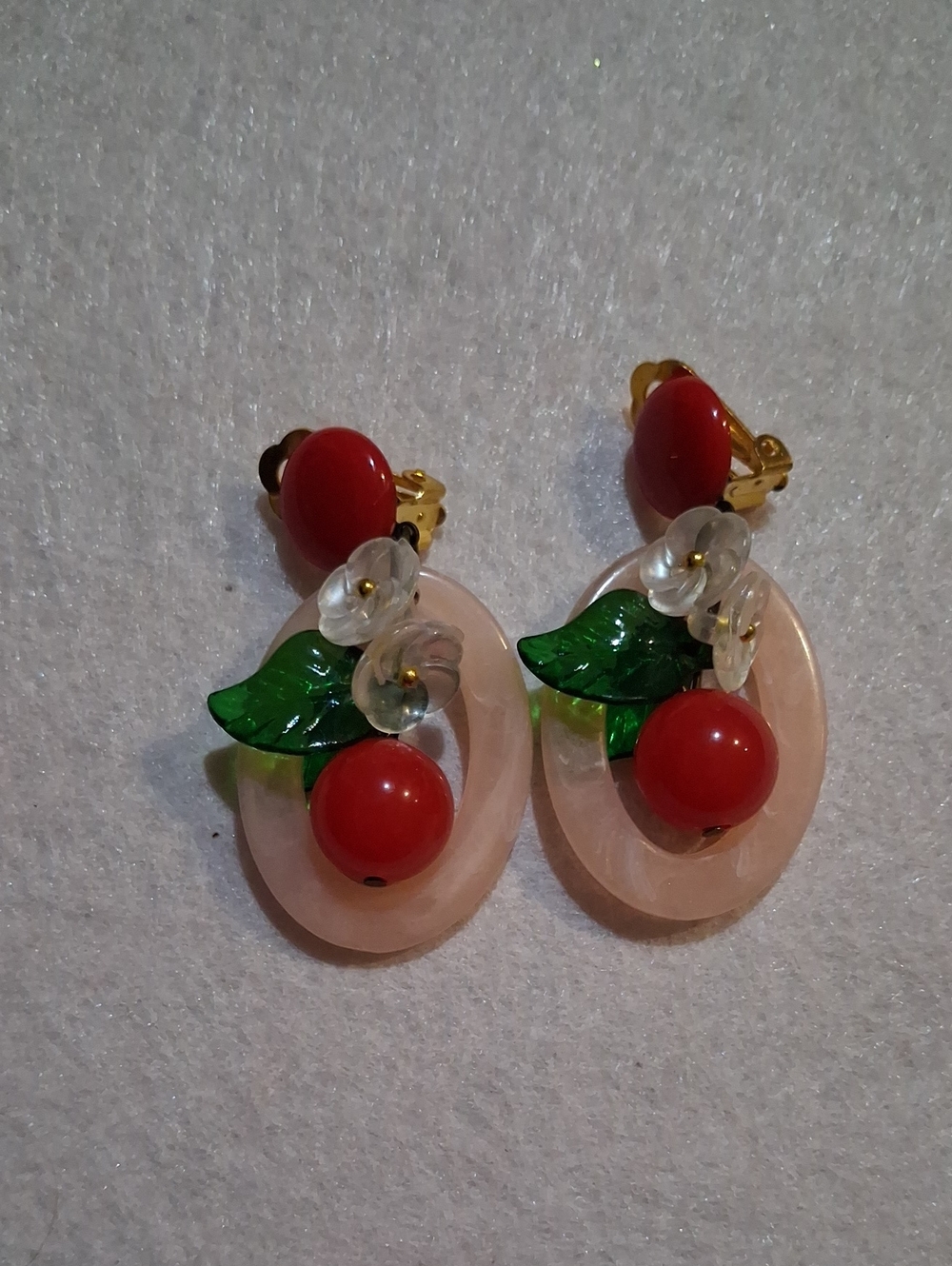 239- Pink Clip Hoop Earrings with Red Cherry and Green Leaf Accents